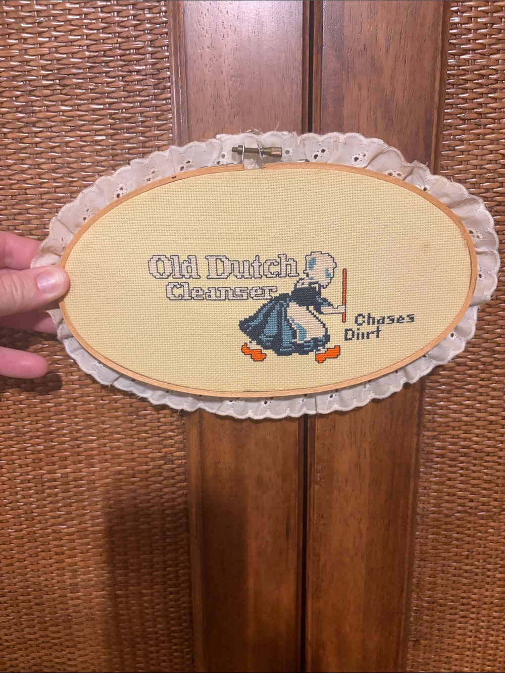 Handmade Vintage Old Dutch Cleaner Cross Stitch Wall Hanging - Blue & yellow
